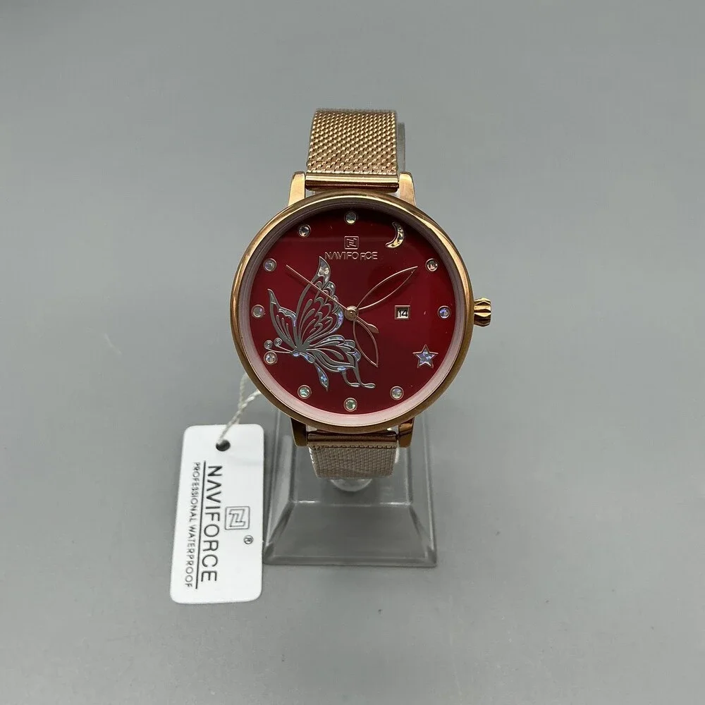 Naviforce Womens Watch 36mm Red Dial Gold Tone Date Mesh NF5011L New Battery